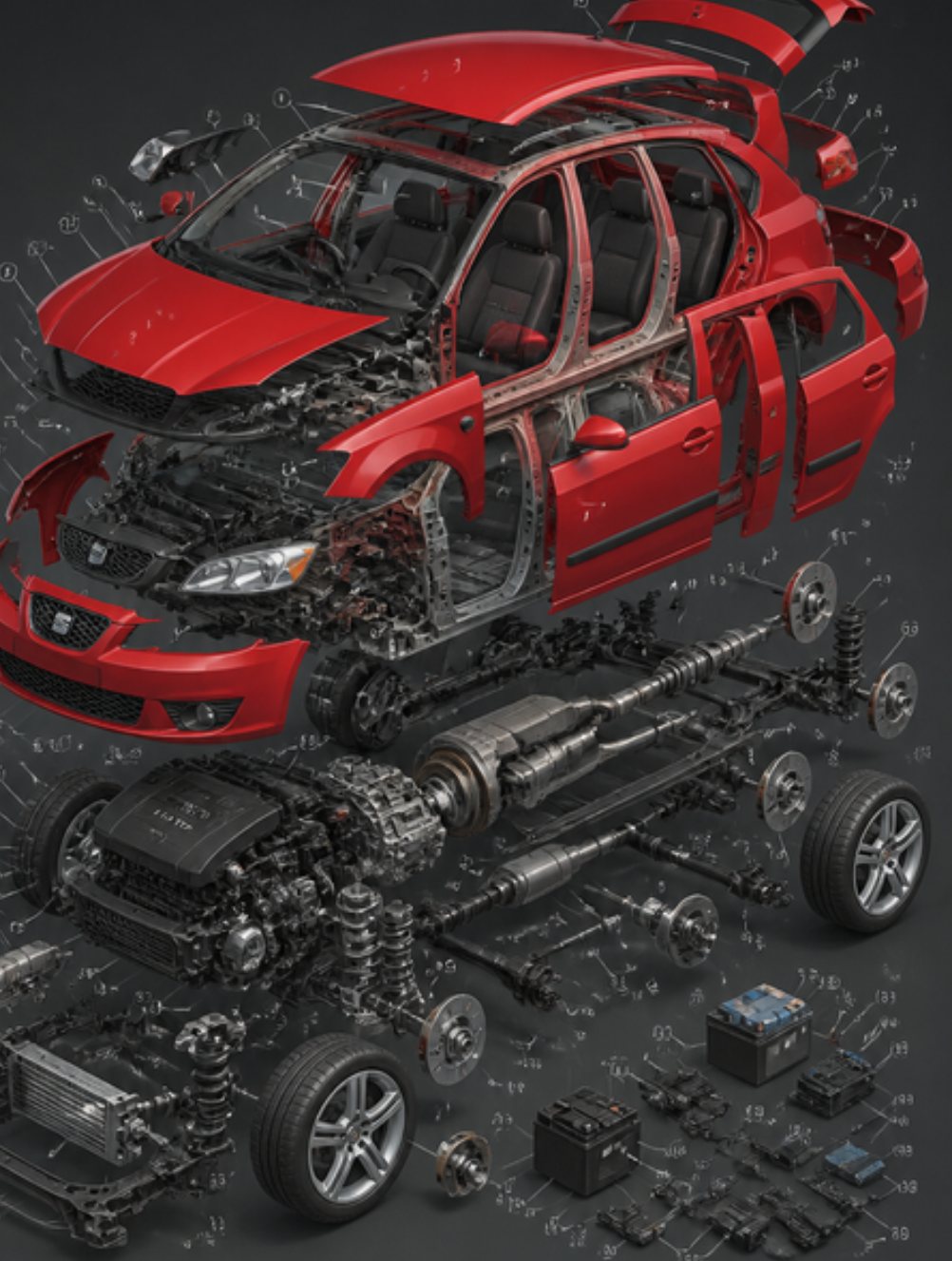 Technical exploded view of the red SEAT Ibiza FR: body and mechanical parts separated