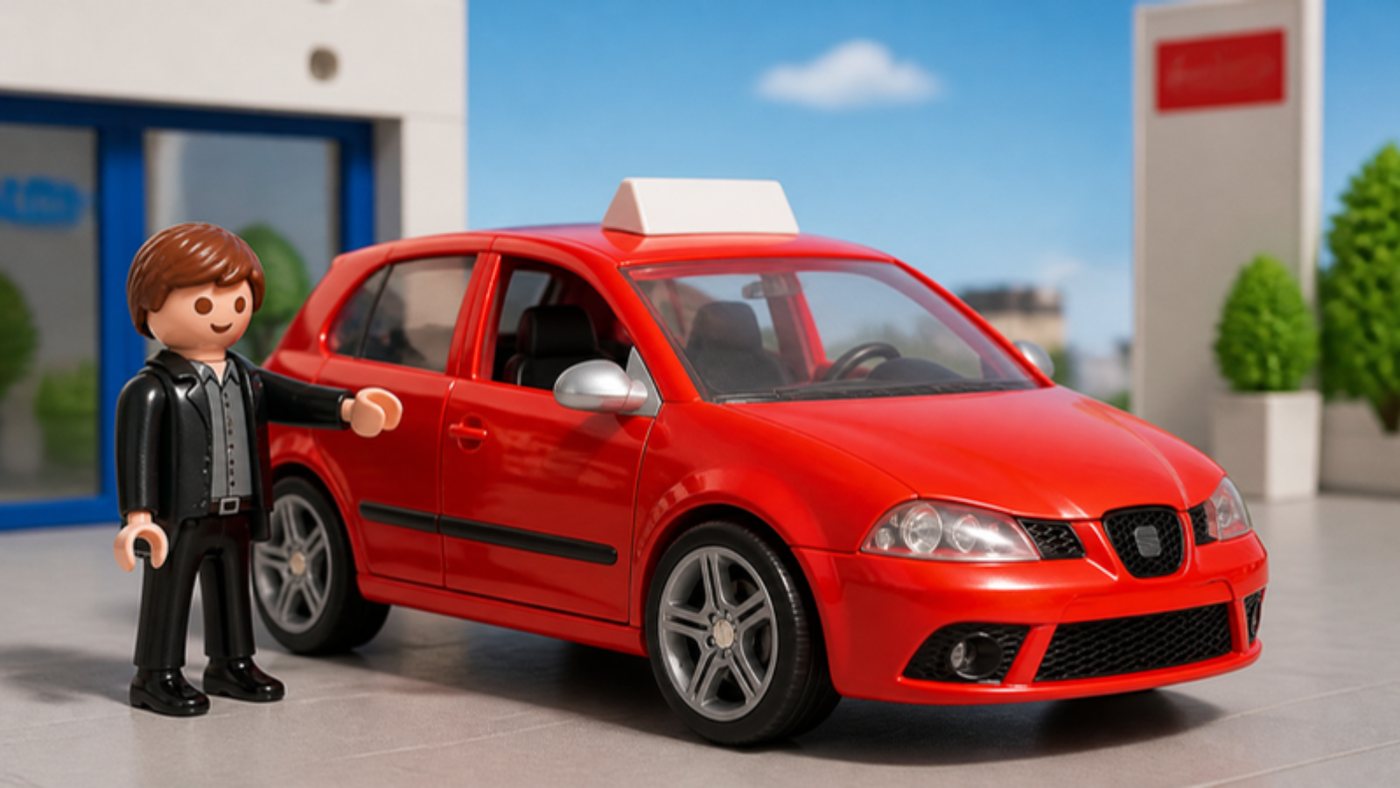 Red 2007 SEAT Ibiza FR in Playmobil form, with a salesman figure next to it